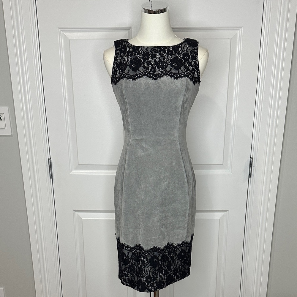 Calvin Klein Grey Faux Suede Black Lace Sleeveless Sheath Cocktail Midi Dress 4